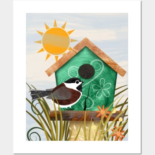 Chestnut-backed Chickadee on Green Bird House Posters and Art